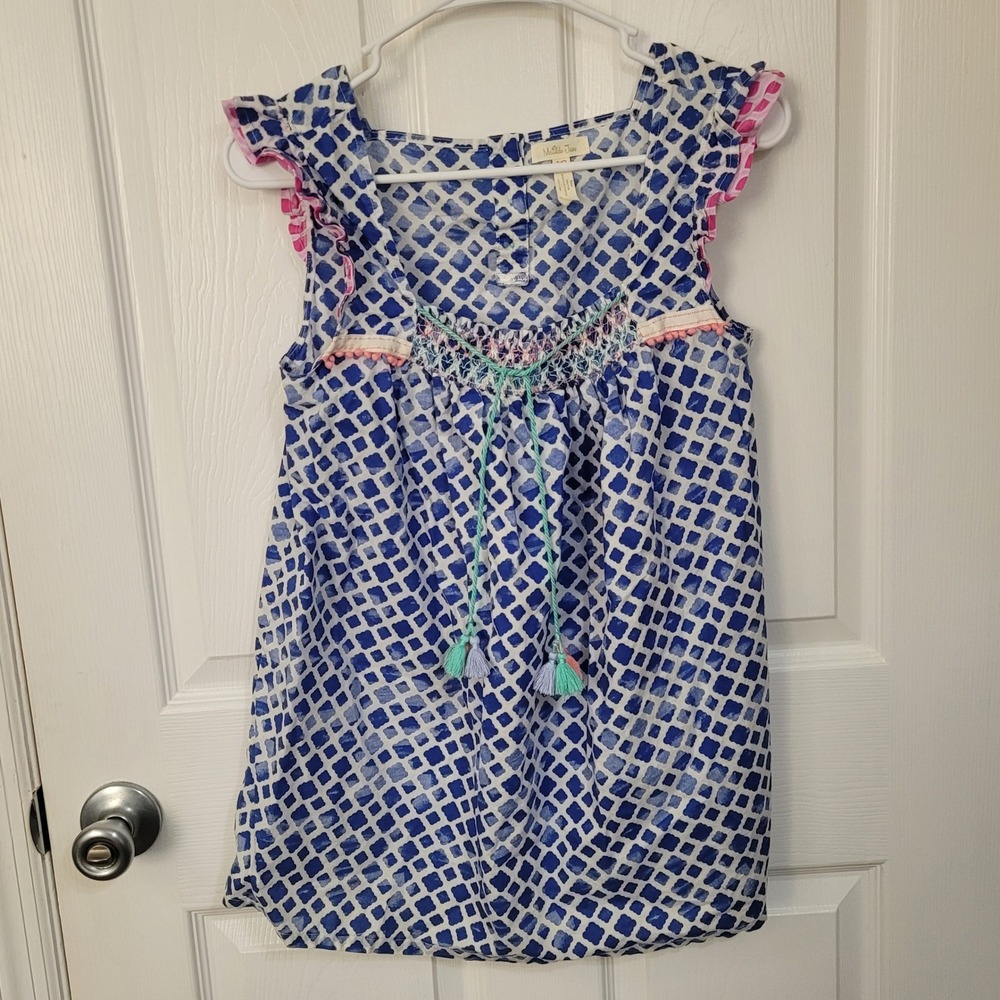 Matilda Jane Blue White Quatrefoil Smocked Tassel Flutter Sleeve Top Sz S